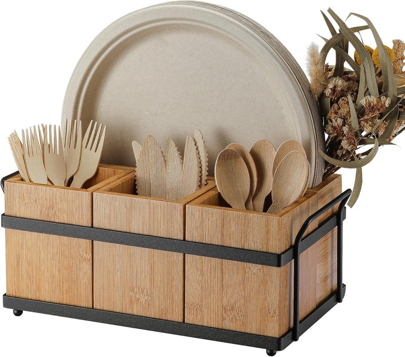 PTSTING Silverware Caddy Wood Utensil Holder Paper Plate Dispenser Silverware Utensil Caddy Cutlery Flatware Organizer Box for Spoons Forks Plates Napkins - Image 1
